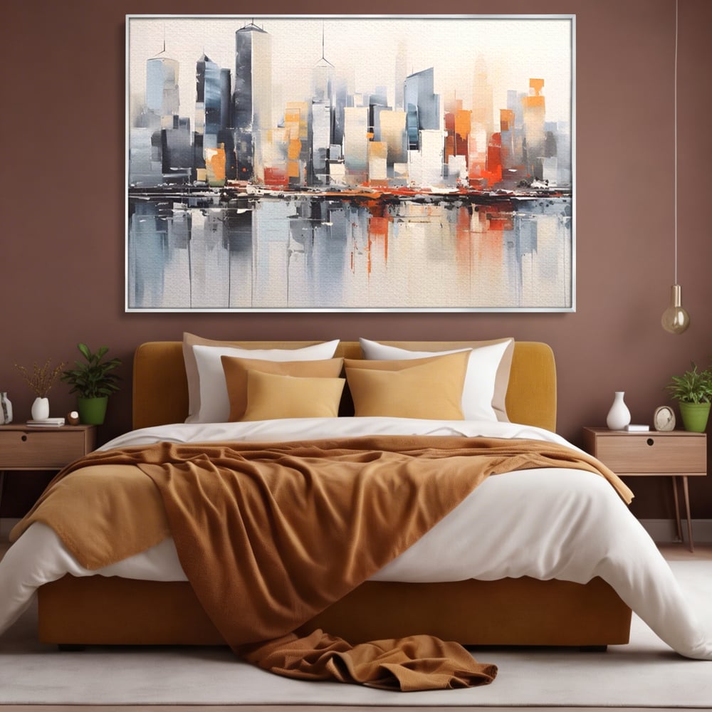 Tablou canvas cu tablou canvas cu peisaj urban abstract, in rama de aluminiu argintiu, pe perete intr-un dormitor